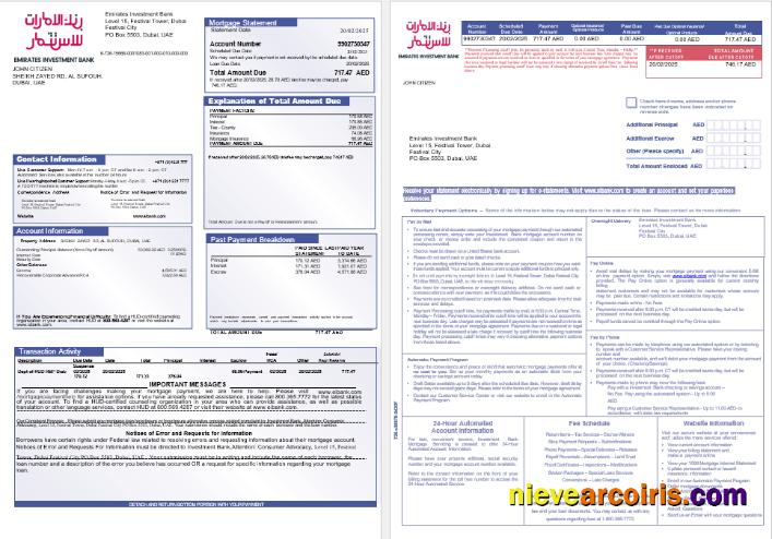 United Arab Emirates Investment Bank mortgage statement, 3 pages 1-2